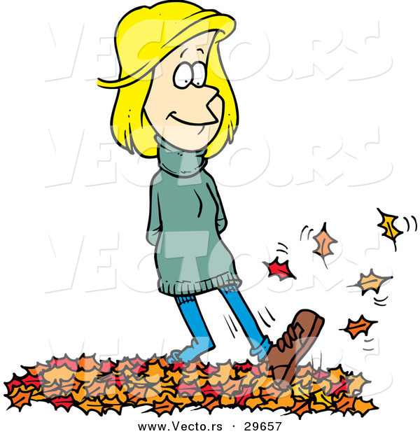 Vector of a Cartoon Girl Walking on Autumn Leaves