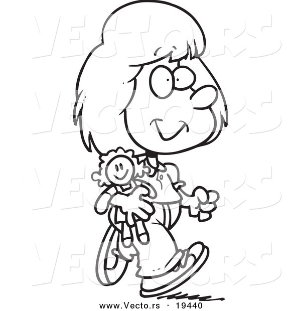 Vector of a Cartoon Girl Walking with Her Doll - Outlined Coloring Page