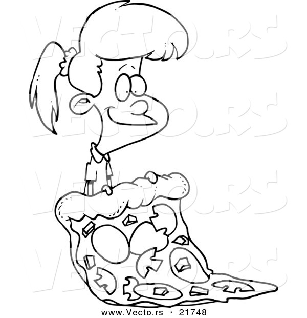 Vector of a Cartoon Girl with a Giant Pizza Slice - Outlined Coloring Page