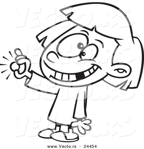 Vector of a Cartoon Girl with a Missing Tooth Holding a Coin from the Tooth Fairy - Outlined Coloring Page