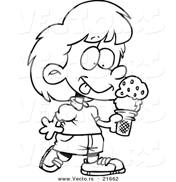 Vector of a Cartoon Girl with Ice Cream - Outlined Coloring Page