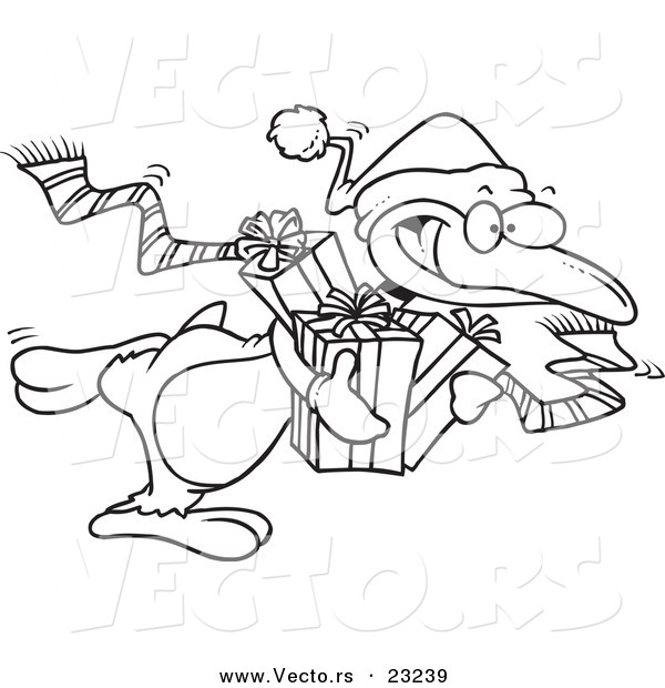 Vector of a Cartoon Giving Christmas Penguin - Coloring Page Outline