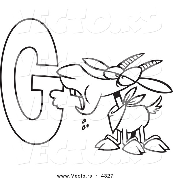 Vector of a Cartoon Goat Eating an Alphabet Letter G - Coloring Page Outline