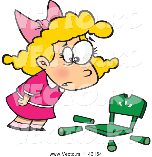 Vector of a Cartoon Goldilocks Girl Shockingly Looking at Her Broken Chair