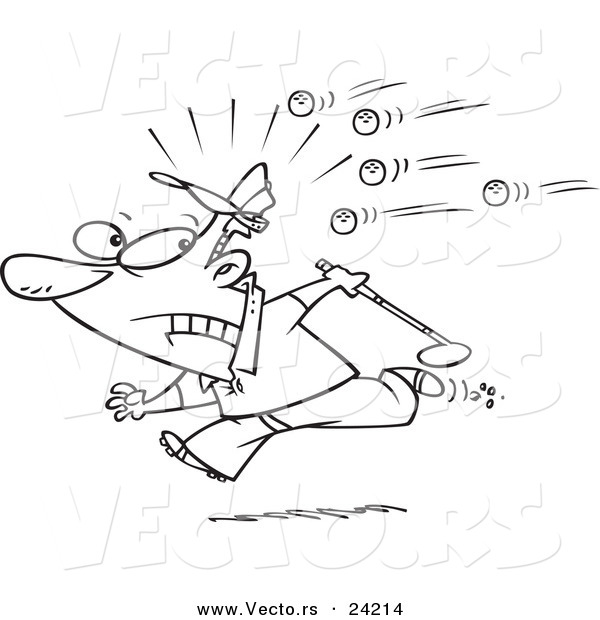 Vector of a Cartoon Golfer Running Away from Balls - Coloring Page Outline
