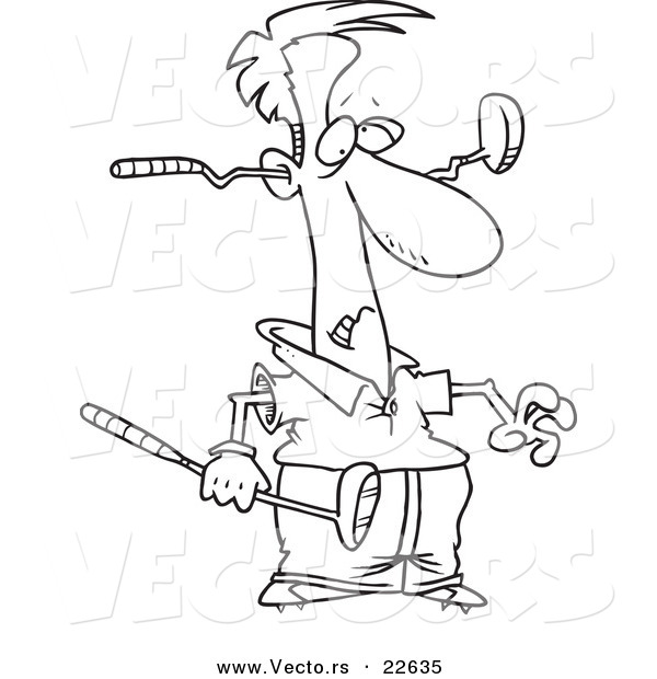 Vector of a Cartoon Golfer with a Club Through His Head - Coloring Page Outline