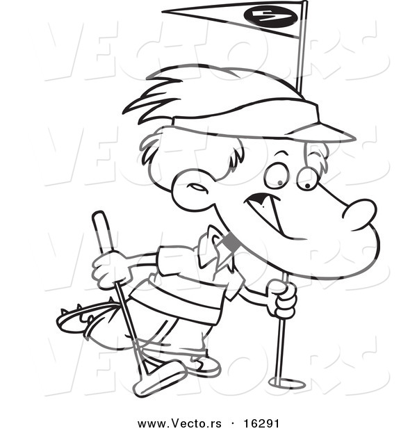 Vector of a Cartoon Golfing Boy - Outlined Coloring Page Drawing
