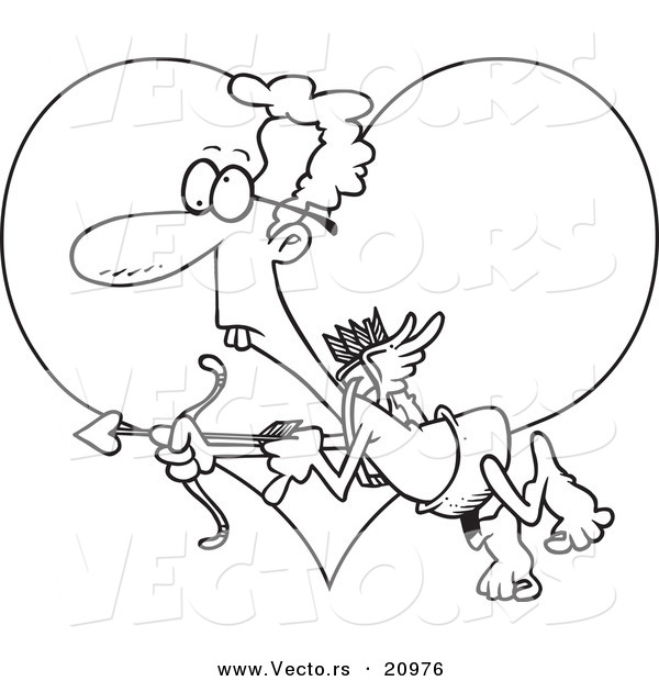 Vector of a Cartoon Goofy Cupid over a Heart - Coloring Page Outline