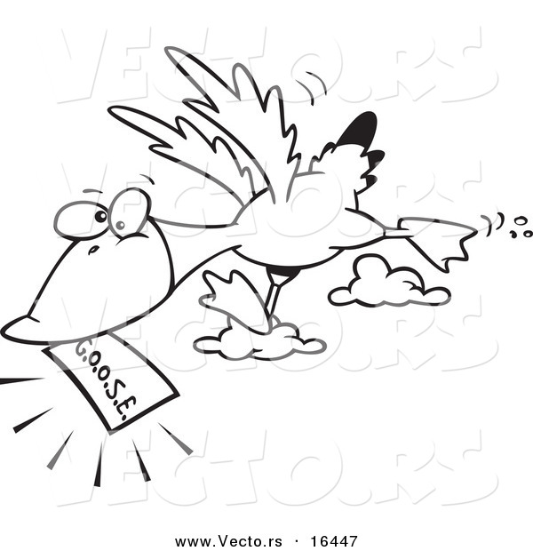 Vector of a Cartoon Goose Flying with a Golden Ticket - Outlined Coloring Page Drawing