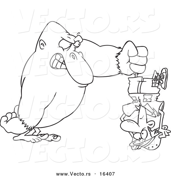 Vector of a Cartoon Gorilla Holding a Man Upside down - Outlined Coloring Page Drawing