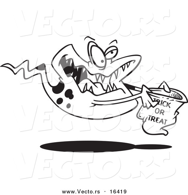 Vector of a Cartoon Gost Trick or Treating - Outlined Coloring Page Drawing