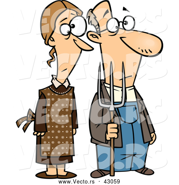 Vector of a Cartoon Gothic Farmer Husband and Wife Standing Side-by-Side with a Pitch Fork