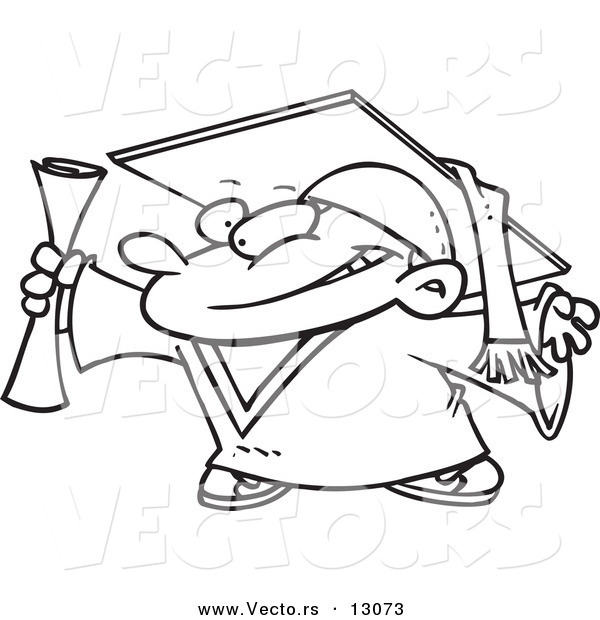Vector of a Cartoon Graduate Boy Gripping Certificate - Coloring Page Outline Version
