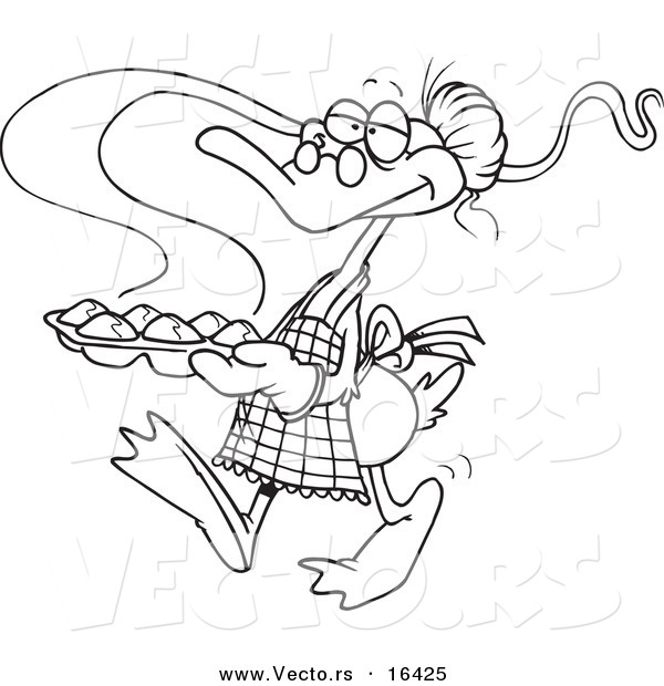 Vector of a Cartoon Granny Duck Carrying Muffins - Outlined Coloring Page Drawing