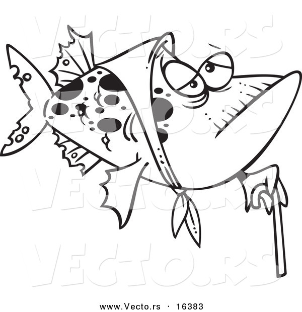 Vector of a Cartoon Granny Fish with a Cane - Outlined Coloring Page Drawing