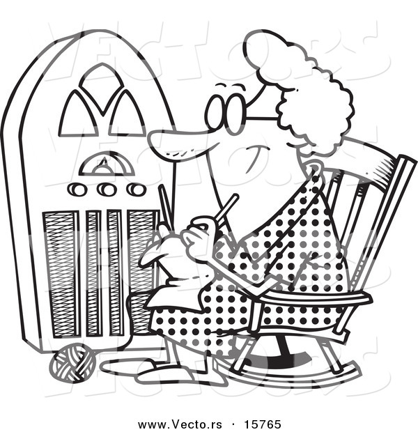 Vector of a Cartoon Granny Knitting by a Radio - Outlined Coloring Page Drawing