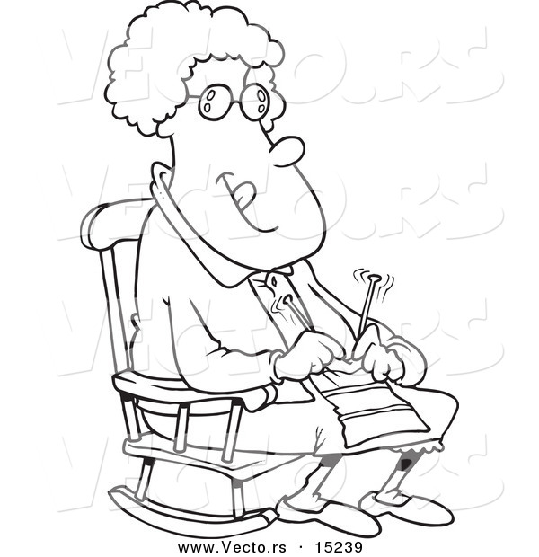 Vector of a Cartoon Granny Knitting in a Rocking Chair - Coloring Page Outline