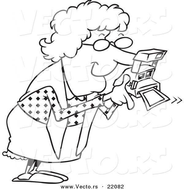 Vector of a Cartoon Granny Using a Polaroid Camera - Outlined Coloring Page