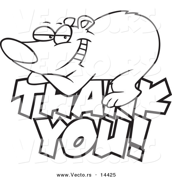Vector of a Cartoon Grateful Bear Resting on Thank You Text - Coloring Page Outline