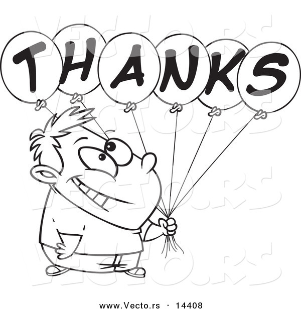 Vector of a Cartoon Grateful Boy Holding Thanks Balloons - Coloring Page Outline