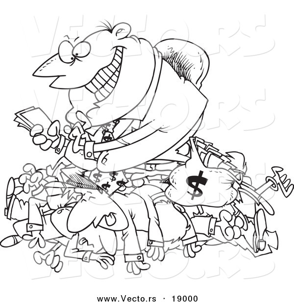 Vector of a Cartoon Greedy Manager Counting His Money and Sitting on His Employees - Outlined Coloring Page