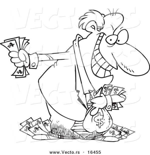 Vector of a Cartoon Greedy Rich Businessman Holding His Money - Outlined Coloring Page Drawing