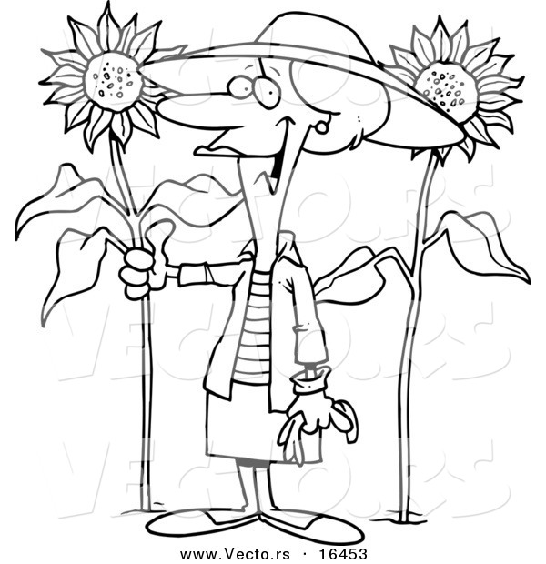 Vector of a Cartoon Green Thumb Girl in Her Sunflower Gardener - Outlined Coloring Page Drawing