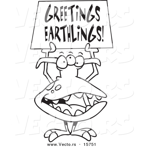 Vector of a Cartoon Greeting Alien - Outlined Coloring Page Drawing