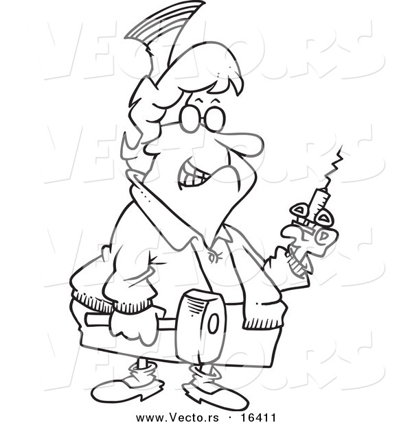 Vector of a Cartoon Grim Nurse Holding a Syringe and Hammer - Outlined Coloring Page Drawing