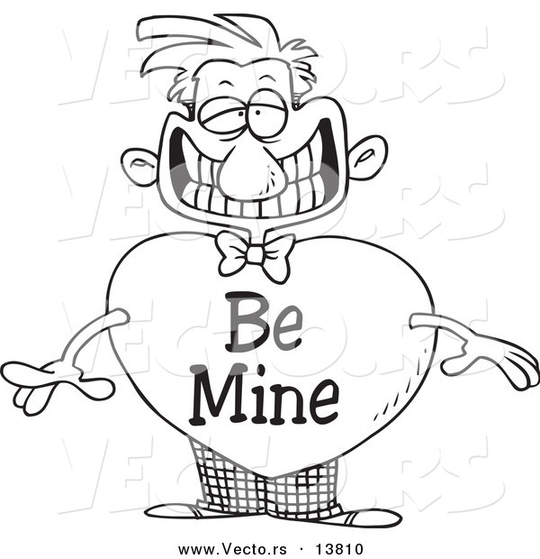 Vector of a Cartoon Grinning Man with a Be Mine Valentine Heart Body - Coloring Page Outline