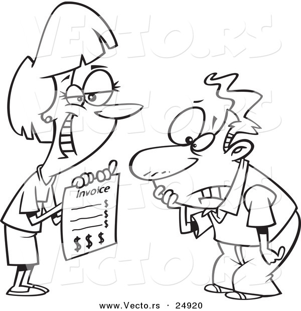 Vector of a Cartoon Grinning Woman Presenting Her Client with a Billing Invoice - Outlined Coloring Page