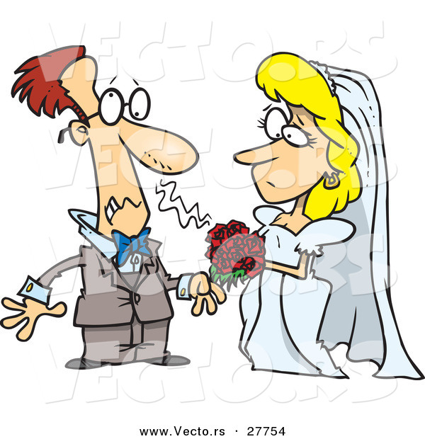 Vector of a Cartoon Groom Getting Allergic Reaction Beside His Bride's Red Bouquet of Flowers