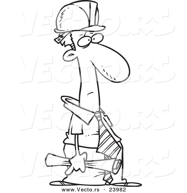 Vector of a Cartoon Grouchy Engineer - Coloring Page Outline