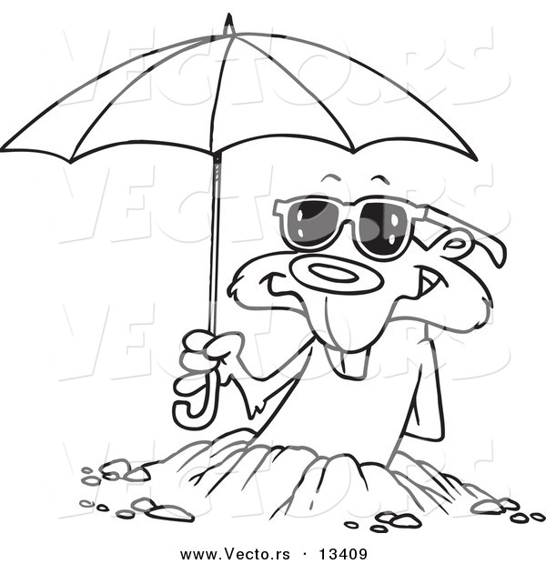 Vector of a Cartoon Groundhog Emerging with Shades and an Umbrella - Coloring Page Outline