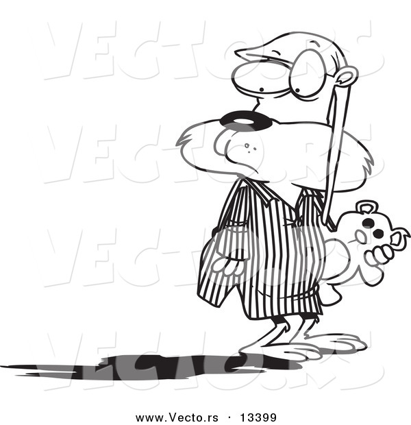 Vector of a Cartoon Groundhog in Pajamas, Looking at His Shadow - Coloring Page Outline