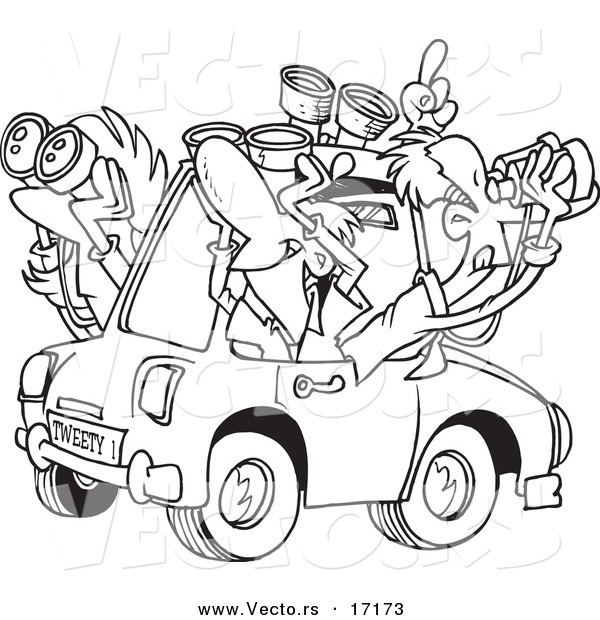 Vector of a Cartoon Group of Birders Using Binoculars in a Car - Coloring Page Outline