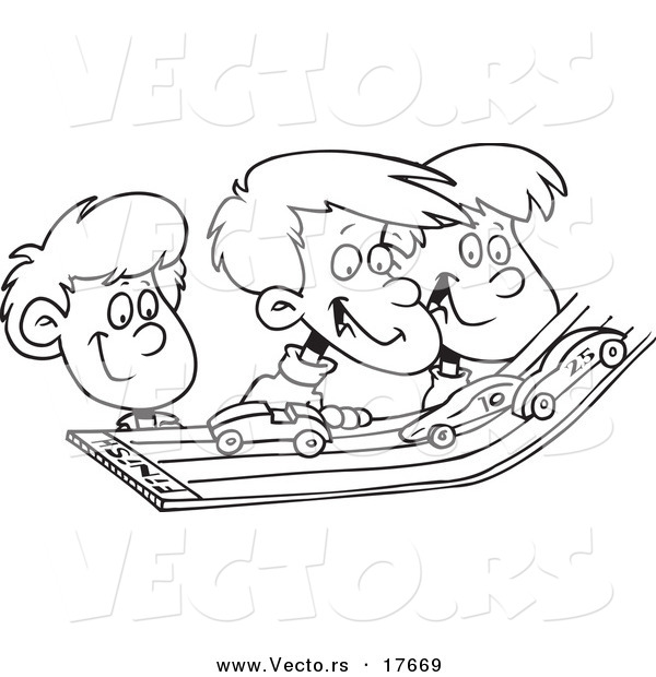 Vector of a Cartoon Group of Kids Playing with Toy Cars on a Track - Coloring Page Outline