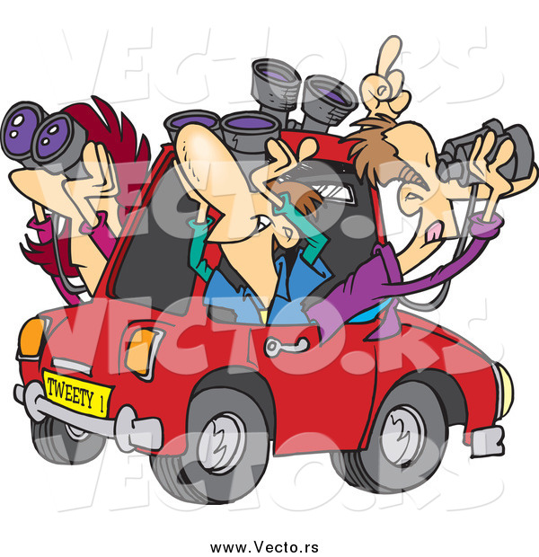 Vector of a Cartoon Group of White Male Birders Using Binoculars in a Car
