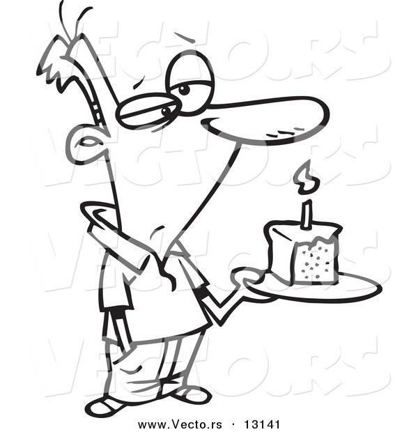 Vector of a Cartoon Grumpy Birthday Man Holding a Slice of Cake - Coloring Page Outline
