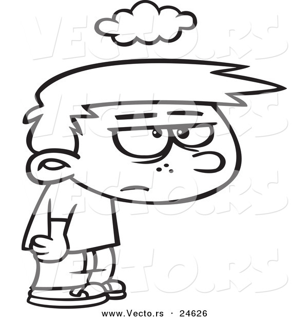 Vector of a Cartoon Grumpy Boy Under a Cloud of Gloom - Outlined Coloring Page