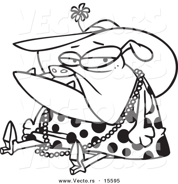 Vector of a Cartoon Grumpy Bulldog Dressed in Lady Clothes - Coloring Page Outline