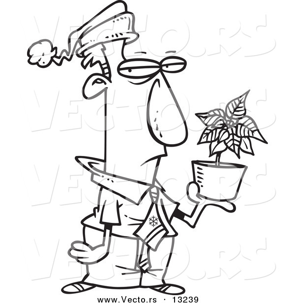 Vector of a Cartoon Grumpy Employee Holding a Poinsettia Christmas Bonus - Coloring Page Outline