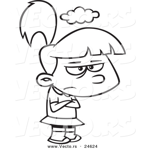 Vector of a Cartoon Grumpy Girl with a Cloud over Her Head - Outlined Coloring Page