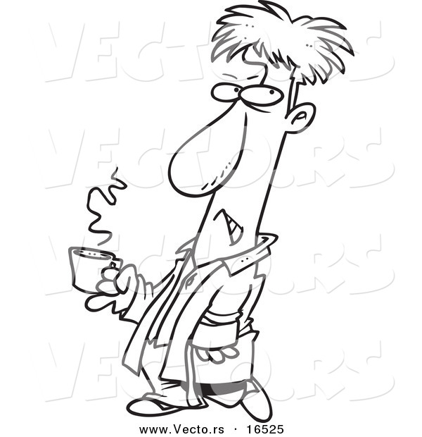 Vector of a Cartoon Grumpy Man Holding His Cup of Morning Coffee - Outlined Coloring Page Drawing