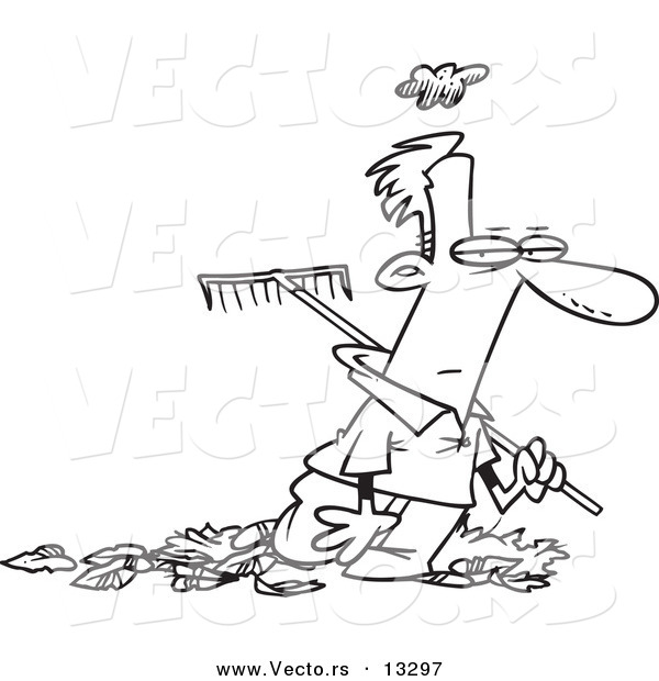 Vector of a Cartoon Grumpy Man Raking Autumn Leaves - Coloring Page Outline