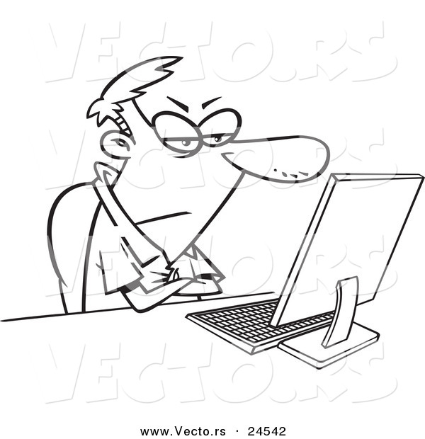 Vector of a Cartoon Grumpy Man Sitting at His Computer Desk - Outlined Coloring Page