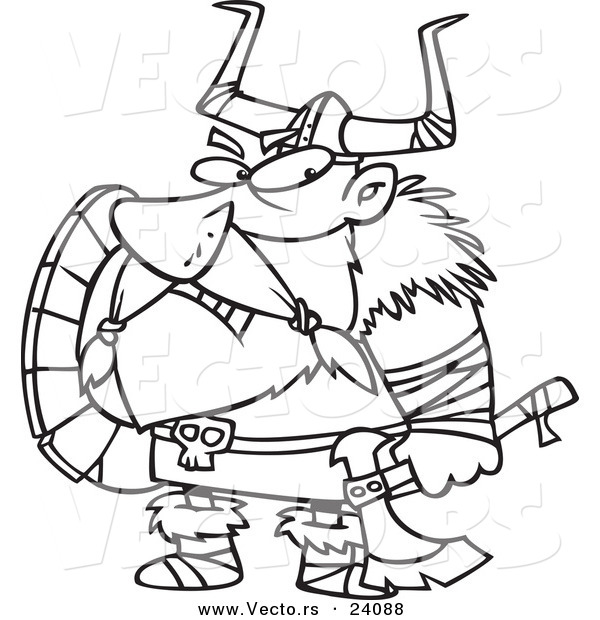 Vector of a Cartoon Grumpy Viking Holding an Axe and Shield - Coloring Page Outline