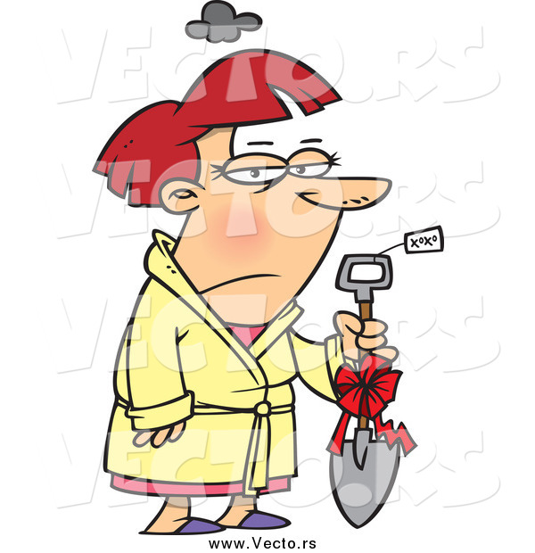 Vector of a Cartoon Grumpy White Woman Holding a Shovel As a Gift
