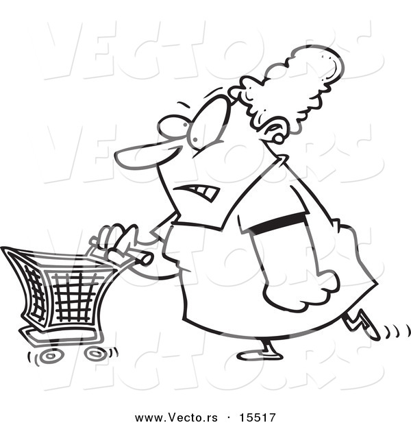 Vector of a Cartoon Grumpy Woman Grocery Shopping - Coloring Page Outline