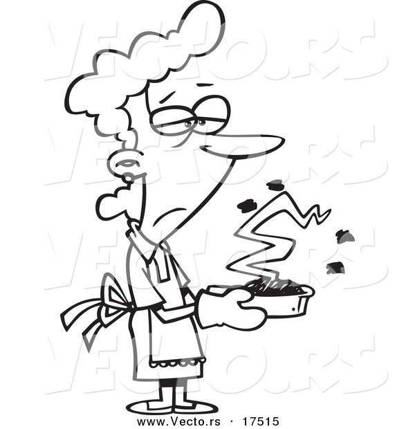 Vector of a Cartoon Grumpy Woman Holding a Burnt Cake - Coloring Page Outline